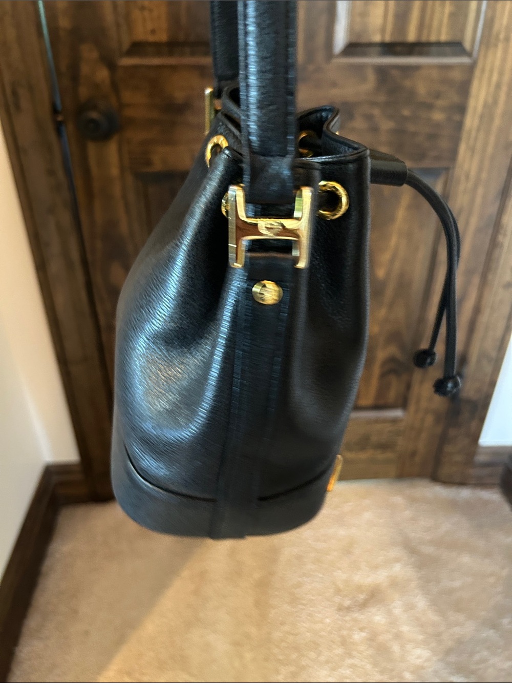 MCM Black Leather Mini Drawstring Bucket Bag with Gold Accents - Picture 9 of 14